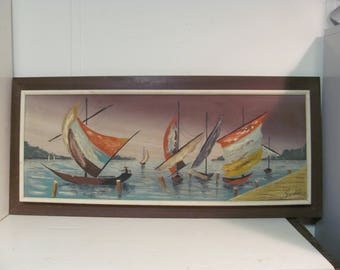 Mid Century Modern Sailboats Oil Painting by Fairchild