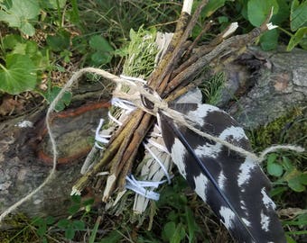 Smudge Bundle, Cedar & White Sage Smudge Sticks, Sassafras Twig Bundle, Feather, Smudging, Sacred Smoke, Meditation, Blessing