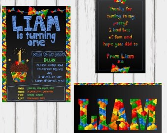 Lego Invitation, Thank You Note, Lego Name, 1st Birthday Invitation, Personalised Invitation, Ready to Print, Printable, Download