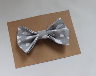 Grey fabric hair bow with little white clouds, fabric bow, girl hair accessory, girl bow, adult bow, cotton bow, fashion accessory