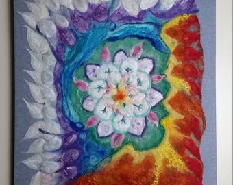 Felted Painting "Mandala," Nuno Wet and Needle Felted Picture, Fiber Art, 22" X 28," OOAK
