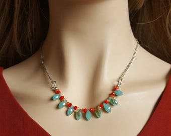 CLEARANCE Aqua and Red Statement Necklace