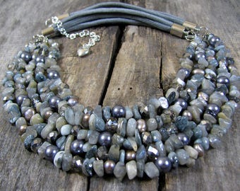 Black Pearl/Grey and Black Square Crystal and Rhondelles Beaded Necklace