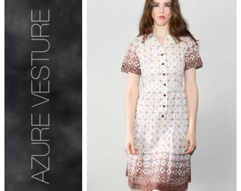 1950s, Day Dress. 50s Chocolate Brown, White Geometric Print, Dress. xs small