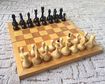 Retro classic soviet chess set, Wooden middle size (40 cm board and 11 cm king ) chess USSR 1970ies made, Vintage chess game