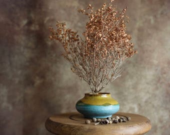 Small blue and ochre pottery ceramic vase, flower vase