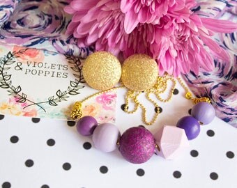 Passion Plum: Hand painted Wooden Bead Necklace (purple glitter, mauve, lilac, violet, geometric bead)