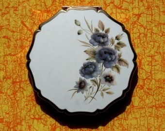 Vintage Stratton White Enamel Purple Flowers Powder Compact 1970s