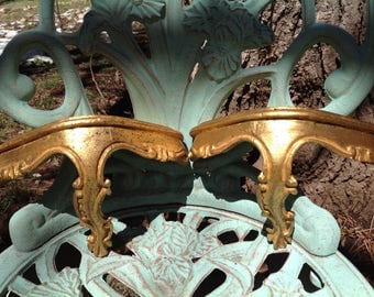 Vintage Gold Gilt Wooden Shelves-Vintage Pair Italian Florentine Wood Wall Shelves Gold Tone Sconce Made In ITALY-Vintage Wood Wall Sconce