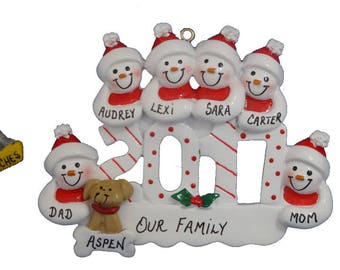 2017 Snow Family of 6 Personalized Ornament with Dog-2017 Family of 6 Personalized Ornament with Cat- 2017 Family of 6 with Dog or Cat Added