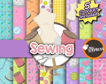 Sewing Digital Paper + Clipart : "Sewing Digital Paper"- Sewing Party Invitation, Sewing Birthday Invitation, Sewing party