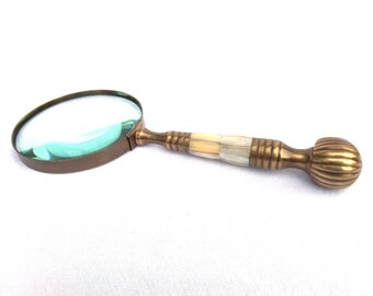 Magnifying Glass, Mother of Pearl and Brass Handle and Framed Magnifier, 10" x 4" x 1.5", Circa 1970, Elegant and Functional, Immaculate