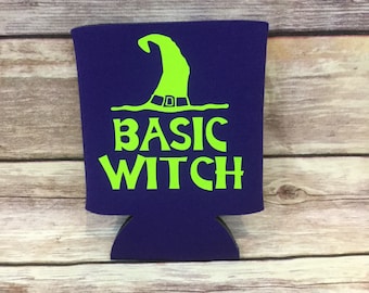Basic Witch Funny Halloween Holiday Party Favor Can Cooler Beverage Holder Drink Hugger Plum Purple Lime Green