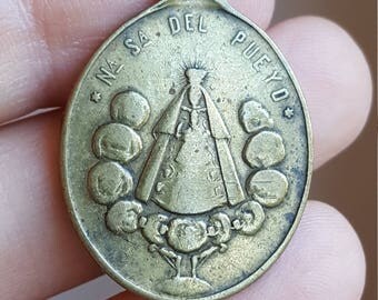 Antique Spanish Blessed Virgin Mary Our Lady of El Pueyo Bronze Medal Art Nouveau Madonna Catholic Religious Monastery Catholic Jewelry