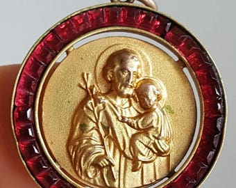 SAVE 30% Vintage Spanish Saint Joseph Medal Pendant St Joseph and Jesus Art Deco Catholic Jewelry Religious Jewelry Infant Jesus Child Jesus