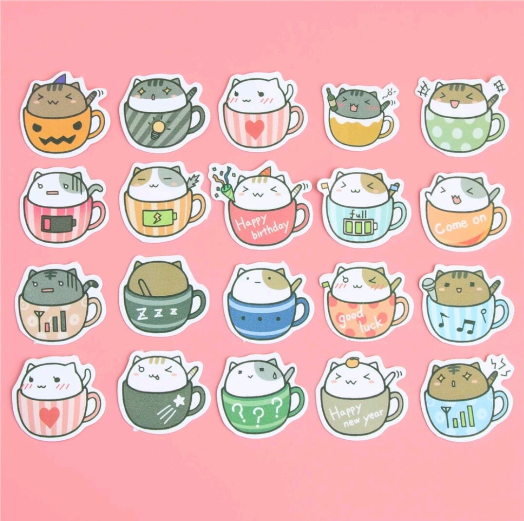 Cats in Cups Sticker Set Cute Kawaii Stationary Journal