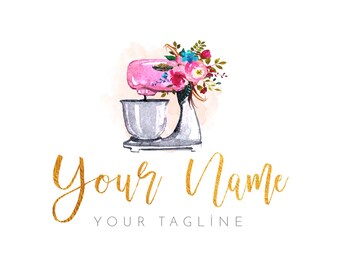 Premade Watercolor Logo - Watercolor Cakes - Floral Logo - Boho Logo - Bakery logo - Artisan Cakes Logo - Cake logo Cooking logo Mixer