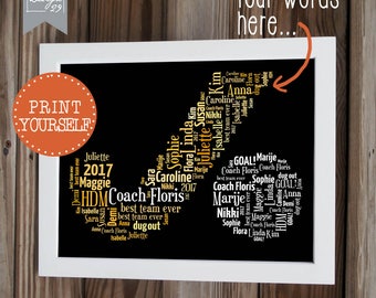 Field Hockey - Your Team Names form a Hockeystick - Coach Captain Trainer Appreciation Gift - Personalized Word Art - Printable Wall Art