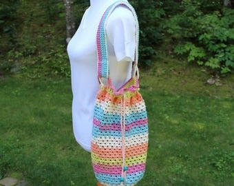 Drawstring Market Bag, Crochet Market Tote Bag, Multicolor Bag, Crochet Carryall Tote, Beach Tote Bag