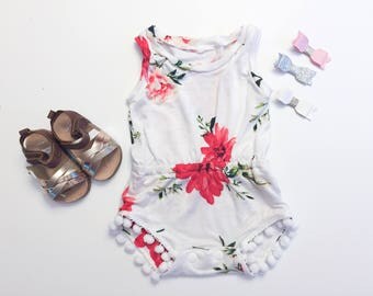 Ivory Romper; Ivory/Coral Floral Romper; Baby Romper; Summer Romper; Baby Shower Gift; Handmade Baby Outfit; Summer Baby Outfit