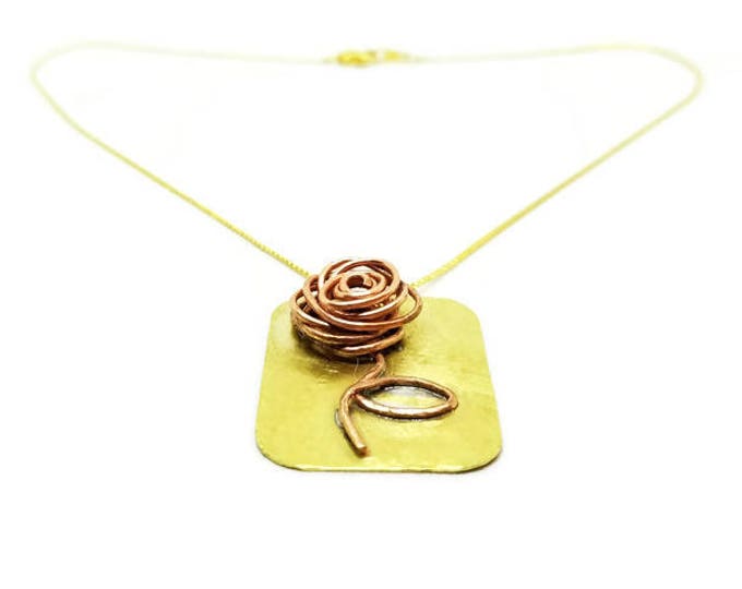 Copper Rose Pendant, Brass and Copper Pendant, Mixed Metal Pendant, 22k Gold Plated Chain, Copper, Brass & Gold Necklace