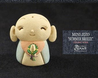 Ceramic Mini Jizo "Summer Breeze", Zen Spirit Kawaii Buddha Statue, Hand-built Ceramic Art