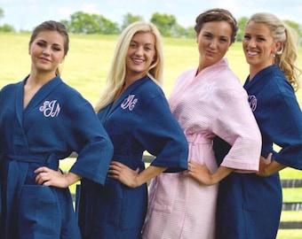 Monogrammed robe, bridesmaid gift robe, wedding party robes, personalized, embroidered, bridal shower gift, waffle weave spa robe, navy pink