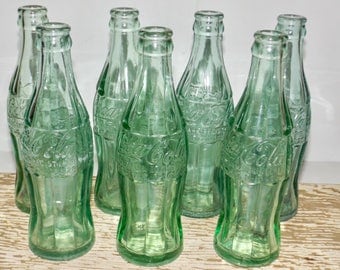 Coca Cola hobble skirt green glass bottles,set of 7,D Patent bottles,105529,Palmerton PA, 1938-1951,6 oz coke bottles,coca cola soda bottle