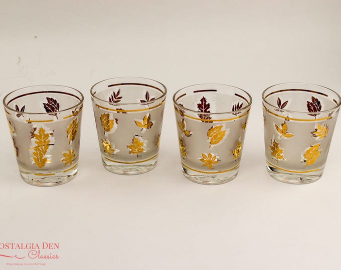 MCM Libbey Golden Foliage | Gold Leaf Frosted Glasses | Vintage Hostess 6 Oz Old Fashioned Glasses | Set of 4
