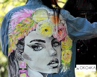 Gift excellent portrait Hand painted Jacket with painting Jacket with art work on it Art on Denim jean Girl in wreath Flowers on the head