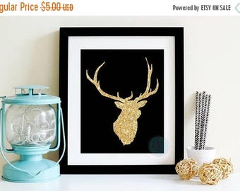 25% OFF SALE- PRINTABLE Art Faux Gold Glitter Gold Deer Head Taxidermy Deer Deer Head Wall Decor Stag Deer Art Reindeer Wall Art Deer Head W