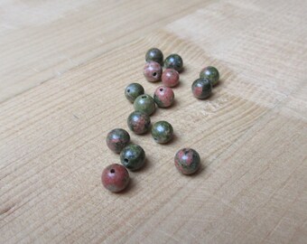 Green Unakite round beads / pink x 15