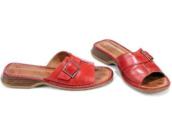 RED Flat Shoes Slip On Leather Mules Burgundy 90s Sandals 1990s Summer Wide Fit European Quality Low Heel Slider Shoes Eur 38, US 7.5, UK 5
