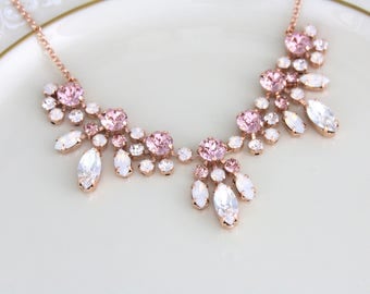 Rose gold Necklace, Bridal jewelry, Bridal necklace, Blush crystal necklace, Swarovski necklace, Wedding jewelry, White opal, Vintage style