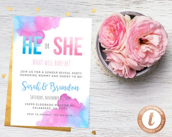 INSTANT DOWNLOAD Gender Reveal Invitation Template, Printable Baby Shower, Watercolor He or She Invitation, Guess the Sex Party, Templett