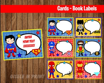 Super Heroes Printable Cards/tags book labels stickers kids