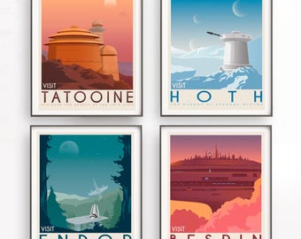 Star Wars set of 4 travel poster vintage. Starwars planet illustration. Sci fi vintage print. Luke skywalker. Two mon landscape. Room decor