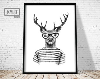 Deer Print, Minimalist Print, Deer Illustration, Hand Drawn Print, Funny Deer Print, Deer Art, Cute Deer Print, Deer Poster, Hipster Deer