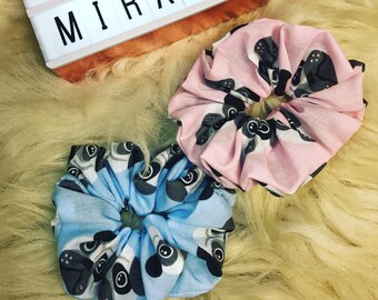 Hand made pink or blue Pug dog Scrunchie hair elestic band. Perfect for summer.