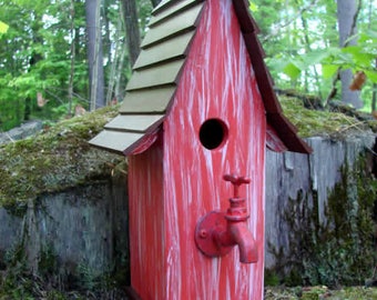 Faucet Red Bird House, Wooden birdhouse, painted birdhouse, rustic birdhouse, outdoor birdhouse