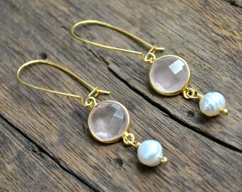 Gold Earrings, Wedding Earrings Gold, Rose Quartz Earrings Pearls, Dangle Earrings, Pink Earrings Real Pearl Earrings, Gift for Women Gift