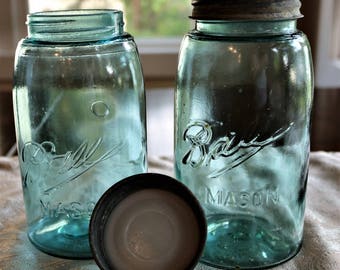 Pair of Triple L Ball Mason Jars, Vintage Blue Mason Jars, Quart Size Ball Mason Jars, Zinc Lids, Canning Jars, Country Kitchen, Flower Vase