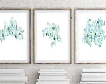Abstract, Watercolor, Print Set, Coastal Wall Decor, Sea Glass Print, Gallery Wall Art Set, Set of 3 Prints, Abstract Beach Print, Simple