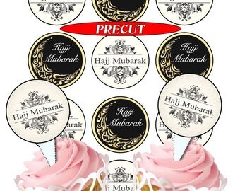 HAJJ MUBARAK (3) EID edible cupcake toppers, precut, 2 sizes 4 choices