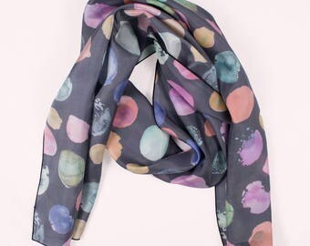 Pure Silk Scarf, Long Silk Scarf, Watercolor Scarf, Long Scarf, Navy Silk Scarf, Boho Scarf Printed, Scarf For Wife, Scarf Gift For Wife