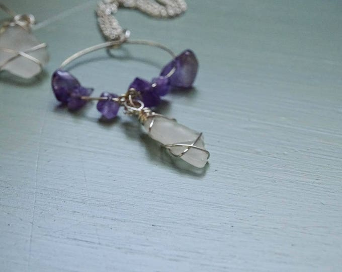 Lake Michigan White Beach Glass Necklace and Earrings with Purple Beads for Her