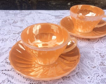Anchor Hocking Peach Lustre Ware teacup & saucer set of 2