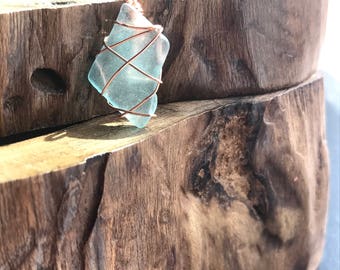 Aqua and Copper Beach Glass Pendant