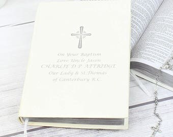 PERSONALISED Holy Bible. For Christening, Baptism, Confirmation, First Holy Communion, Wedding. Customised with Silver Message Text.