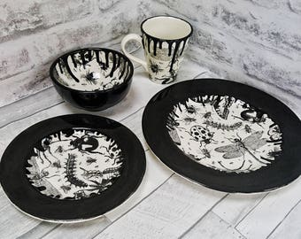 Unique dinner set, Hand Painted, 4 Piece, Bug Dinner plates, beetle ladybird fly, caterpilar spider butterfly, gothic ceramics
